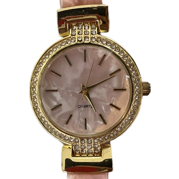 Pink Watch Accutime Marbleized Resin Gold Stainless Steel Diamonds - Picture 2 of 8